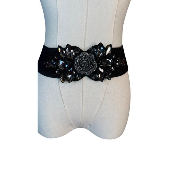 NEW 2/$30 Vintage Style Black/Silver Rose Rhinestone Stretch Belt Snap Closure - Picture 6 of 9